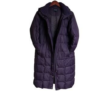 Lands End Women Long Down Coat Medium 10-12 Purple Eggplant Winter Hooded Puffer